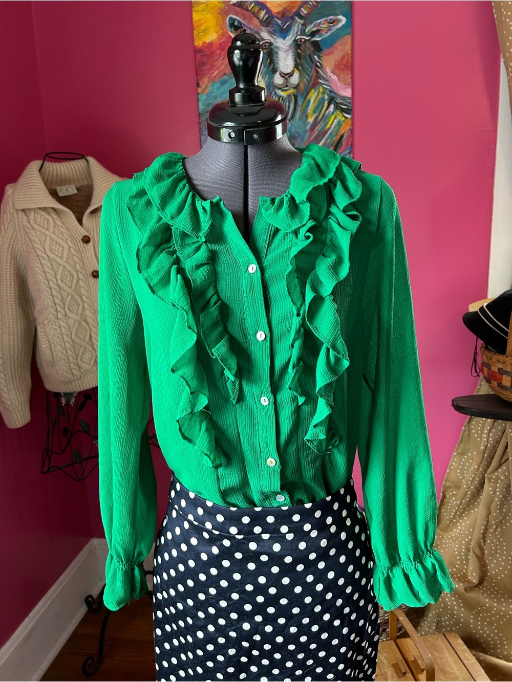Zara Emerald Green Ruffle-Front Blouse